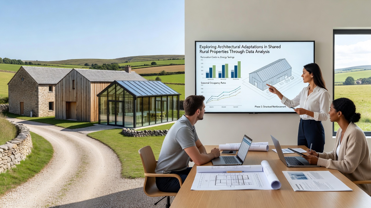 Comparative floor plan diagrams showing before and after adaptations in multi-tenant rural structures