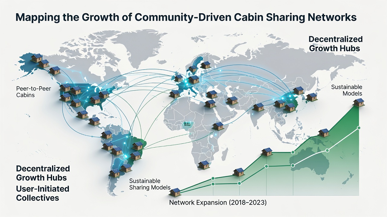 Detailed visualization of cabin density growth in community sharing networks from 2020 to projected 2026 levels across multiple continents